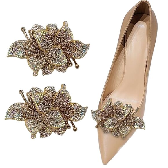 Glitzy Gold Rhinestone Flower Shoe Clips Shoe Jewelry - Picture 1 of 4